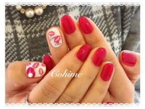 ピンク系レッド×唇 de 大人可愛いKISSmeネイル